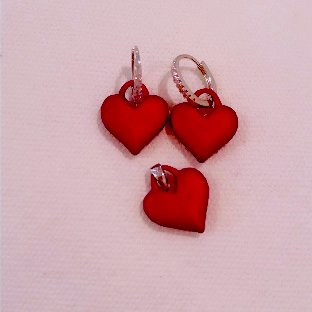 Red Heart Earrings and Red Heart Pendant Silver Set